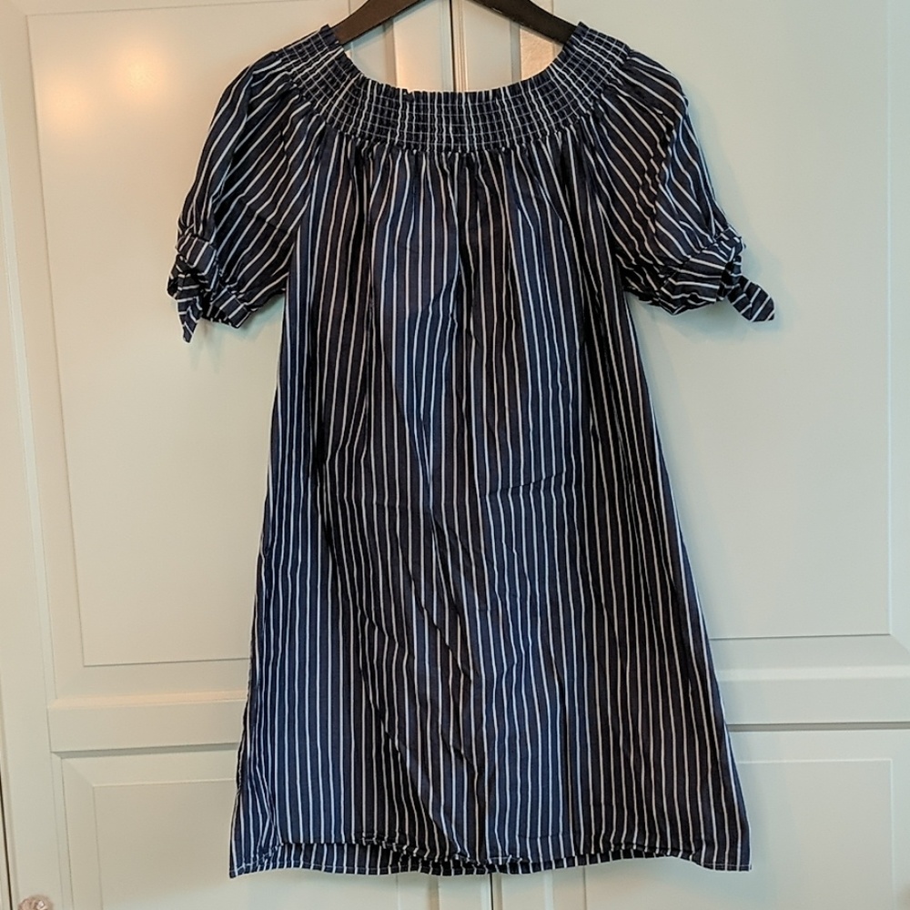 Blue and white striped off the shoulder dress